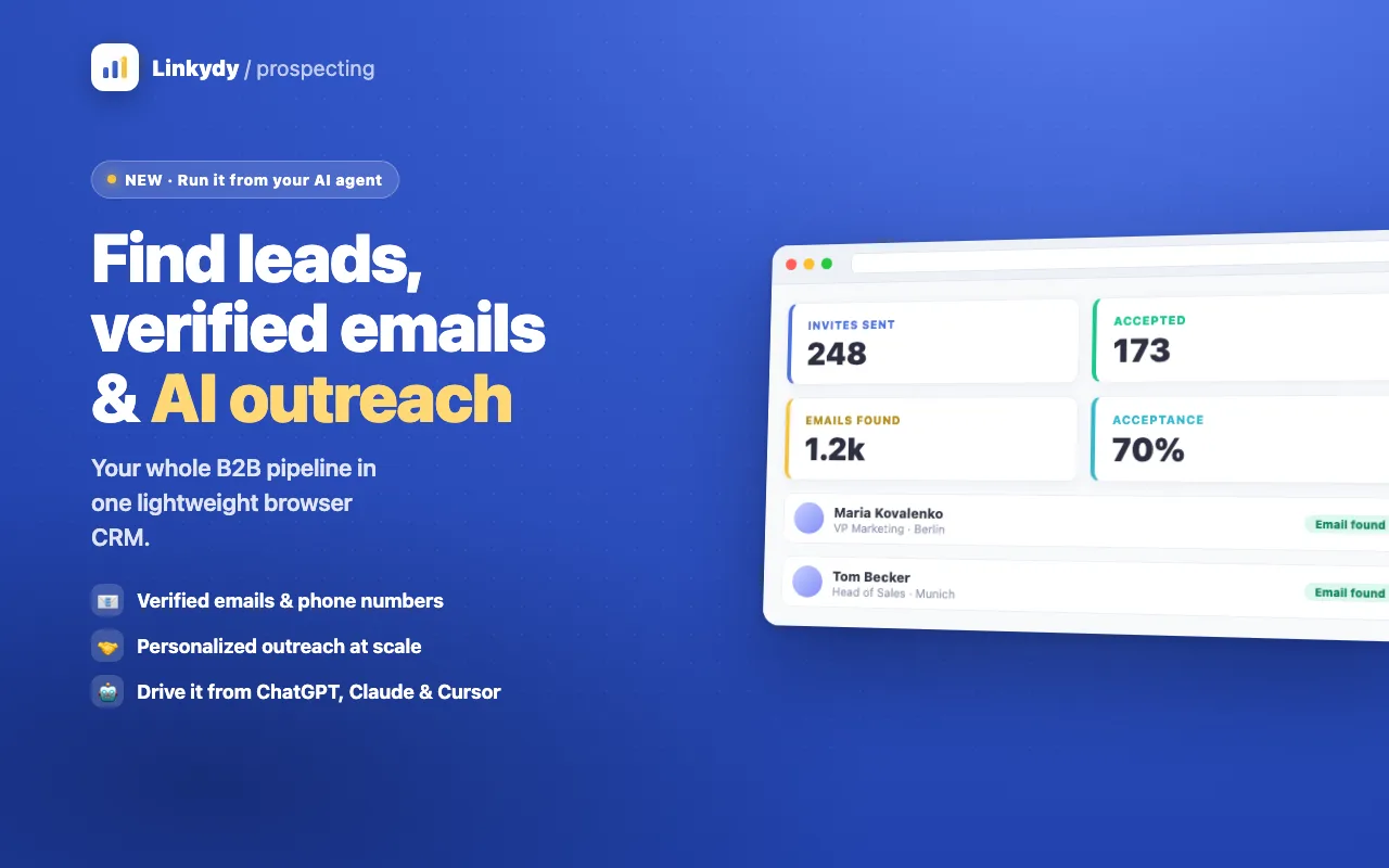 Linkydy prospecting dashboard with lead enrichment and outreach results