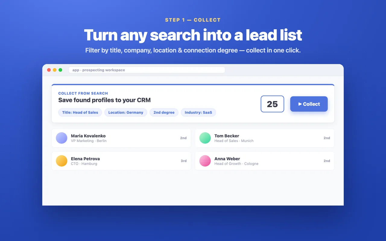 Collecting LinkedIn search results into the Linkydy CRM lead list