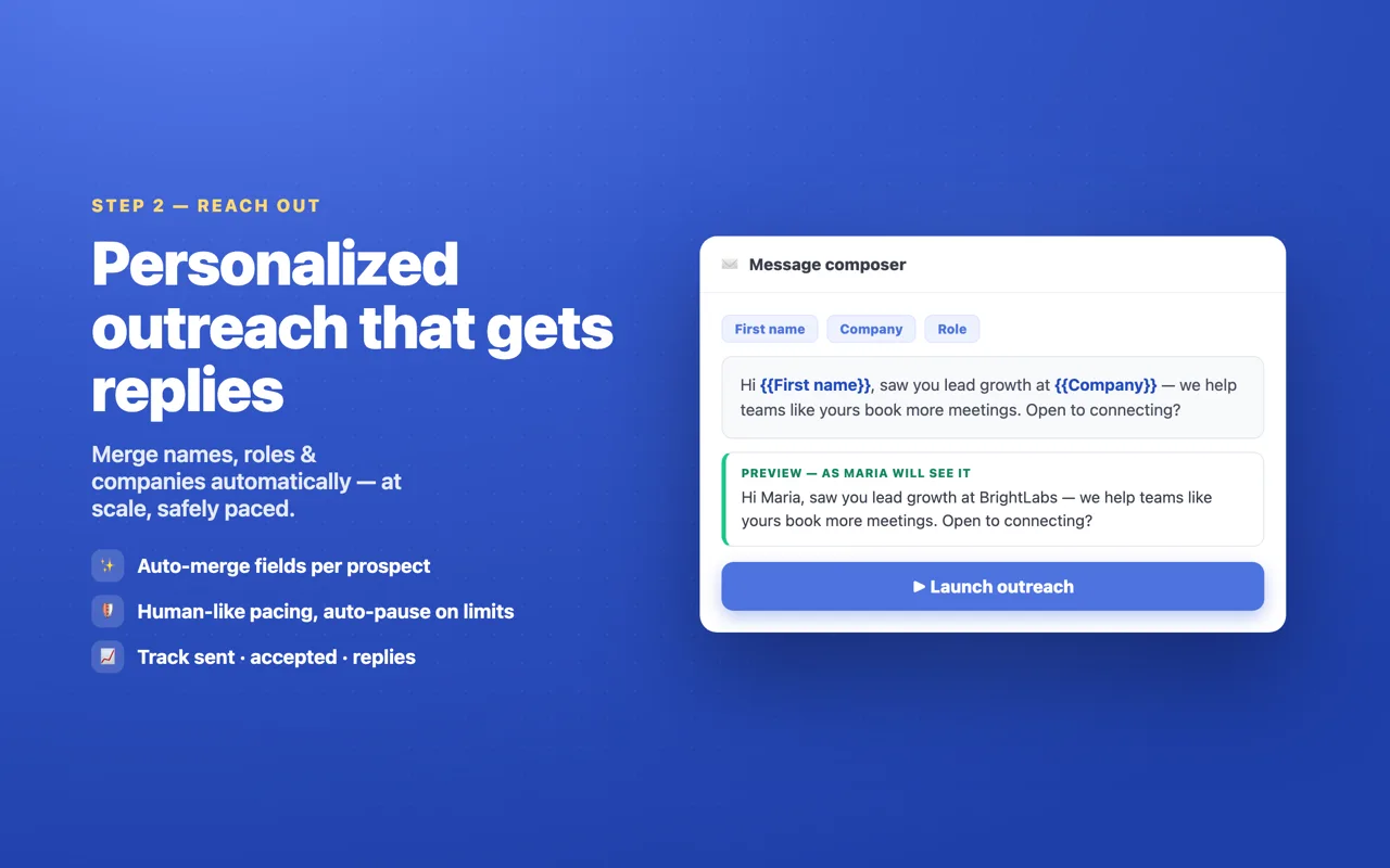 Linkydy message composer merging first name and company into a personalized invite